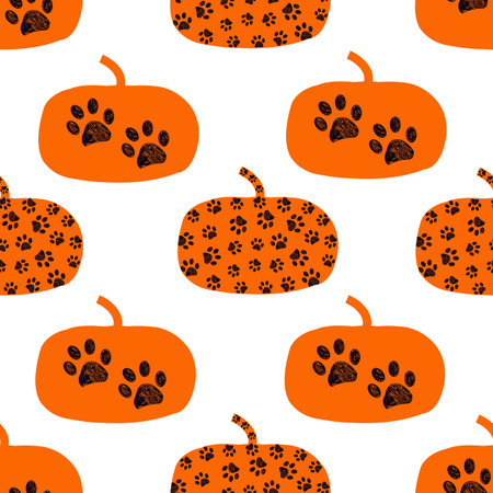 Made of paw prints pumpkins. Happy Halloween cardの写真素材