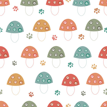 Mushroom made of paw prints creative cat dog lovers seamless fabric design pattern for textileの写真素材