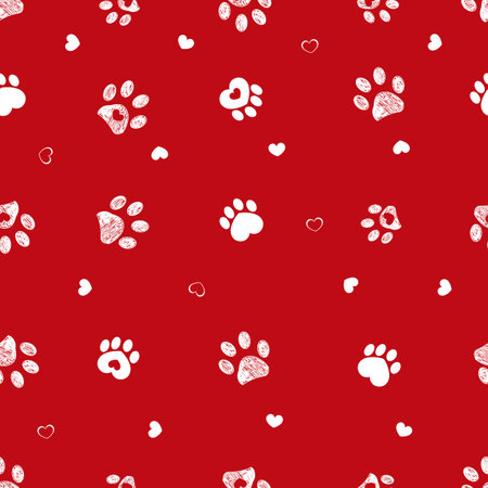 Red background with white paw prints seamless fabric design patternのイラスト素材