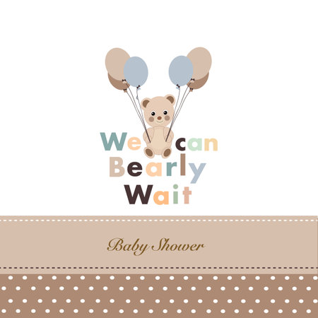 We can bearly wait text with teddy bear and balloons. Baby shower greeting card with teddy bear and balloon greeting card. Baby first birthday, t-shirt, baby shower, baby gender reのイラスト素材