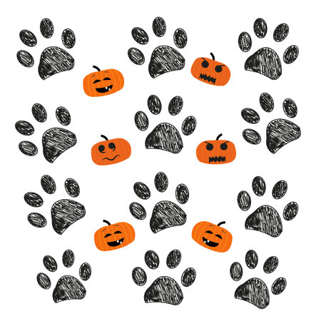 Doodle black paw prints with funny pumpkins. Happy Halloween card backgroundのイラスト素材