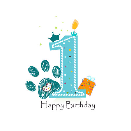 First birthday one candle greeting card with doodle paw prints. birthday greeting cardのイラスト素材