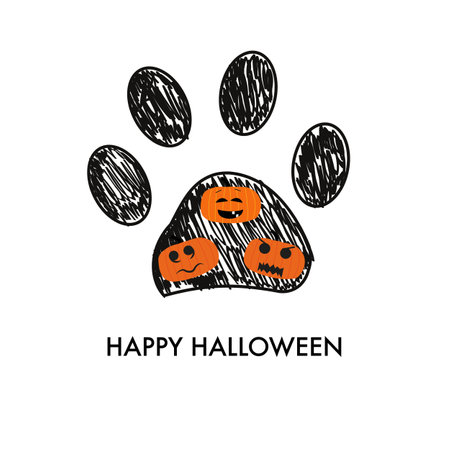 Doodle black paw prints with funny pumpkinsの写真素材