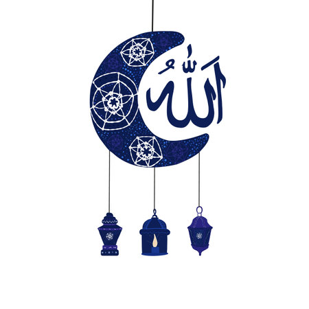 Ramadan Kareem with lamps, crescents and stars. Traditional black lantern of Ramadan greeting cardのイラスト素材