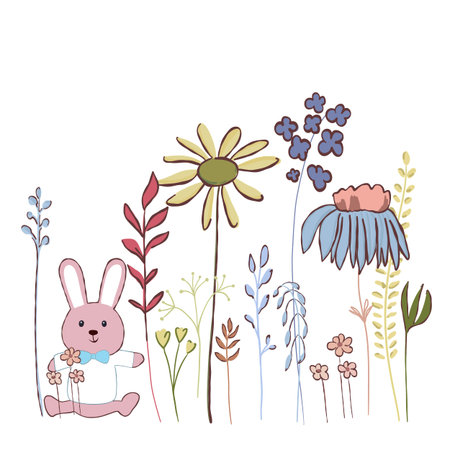 Bunny and flowers. Spring time and Happy Easter greeting cardのイラスト素材
