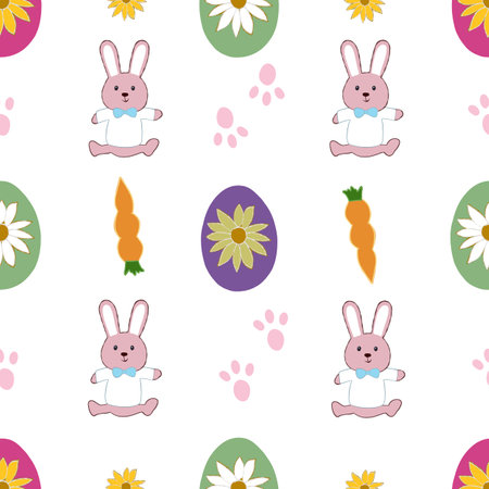 Bunny with colorful eggs daisy and bunny. Happy Easter seamless fabric design backgroundのイラスト素材