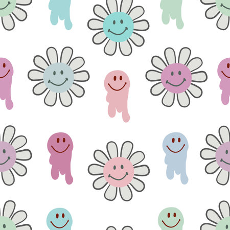 Yk2 fashion 2000s fashion seamless fabric design with cute flowers and smiling faces seamless design patternのイラスト素材