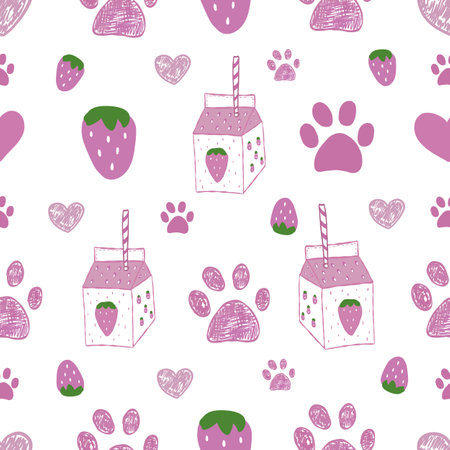 Strawberry milk and cute paw prints. Fabric design seamless patternのイラスト素材