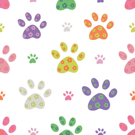 Colorful paw print with flowers seamless fabric design patternのイラスト素材