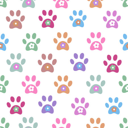 Colorful paw print with cute flowers seamless fabric design patternのイラスト素材