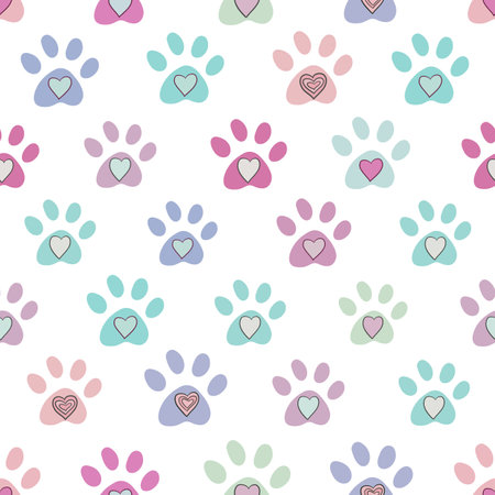 Pastel paw print with hearts seamless fabric design patternのイラスト素材
