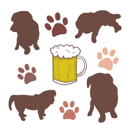 Dog silhouette paw prints and beerのイラスト素材