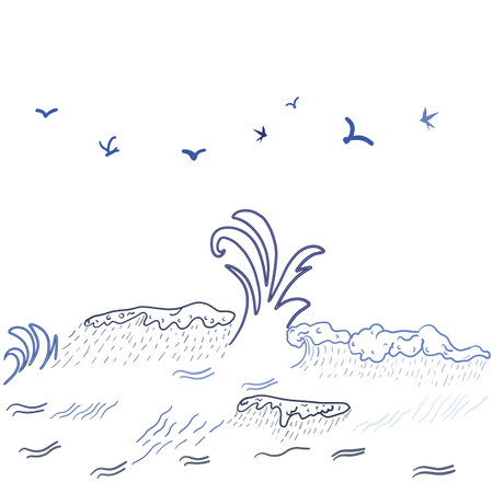 Ocean landscape waves, splashes and foamy sea sky with birds backgroundのイラスト素材