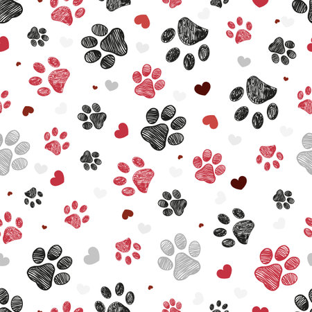 Black and red seamless paw prints with hearts patternのイラスト素材