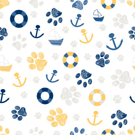 Marine summer time symbols with paw prints seamless fabric designのイラスト素材