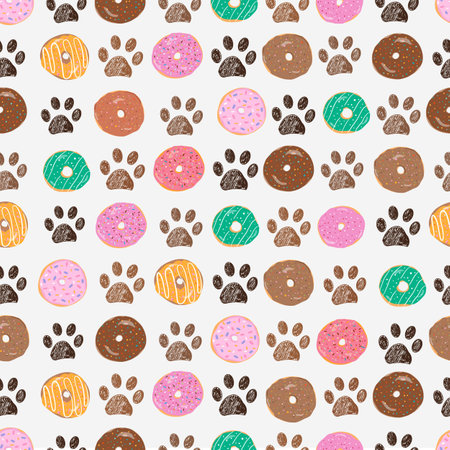Colorful delicious doughnuts and doodle paw printsのイラスト素材