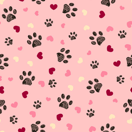 Valentines Day design paw and hearts. Seamless fabric design pet lover patternのイラスト素材