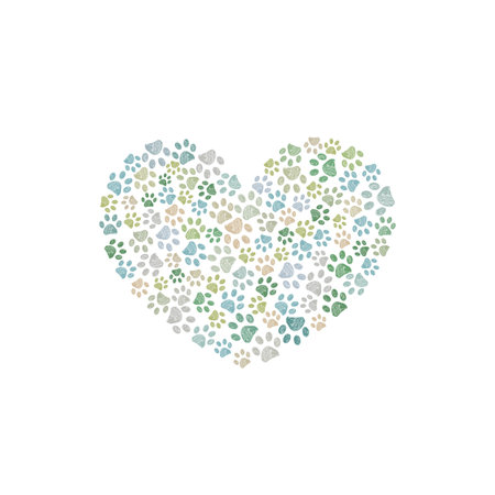 Made of doodle paw prints heart. Nature green colored heart. Dog, cat animal lovers illustrationの写真素材