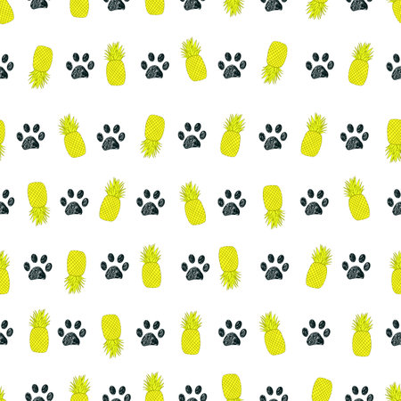 Yellow pineapples with paw prints summer time seamless fabric design patternのイラスト素材