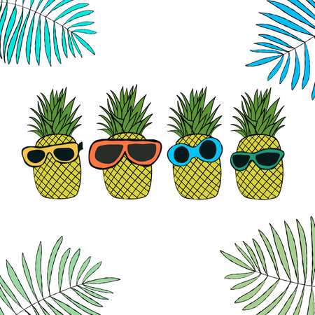 Pineapples with tropical leaves summer time backgroundのイラスト素材