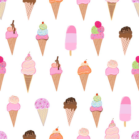 Hand drawn beautiful delicious ice creams seamless fabric design patternのイラスト素材