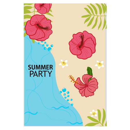 Summer Party hibiscus and tropical flowers greeting card with sea and tropical leaves backgroundのイラスト素材