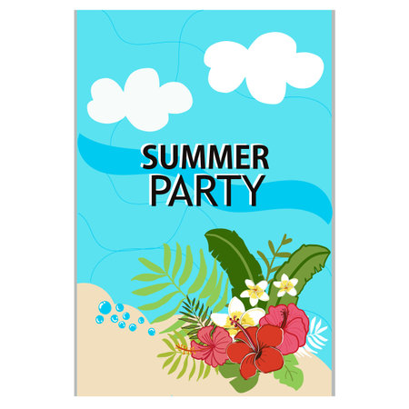 Summer Party greeting card with sea and tropical flowers backgroundのイラスト素材