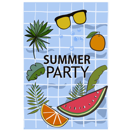 Summer time party greeting card with watermelon, tropical leaves. Summer backgroundのイラスト素材