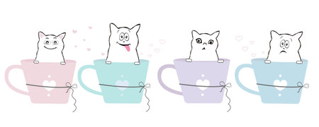 Cute cats with pastel coffee cups banner design illustrationのイラスト素材