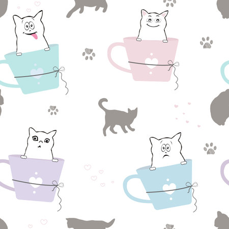 Cute cats with coffee cups seamless fabric patternのイラスト素材