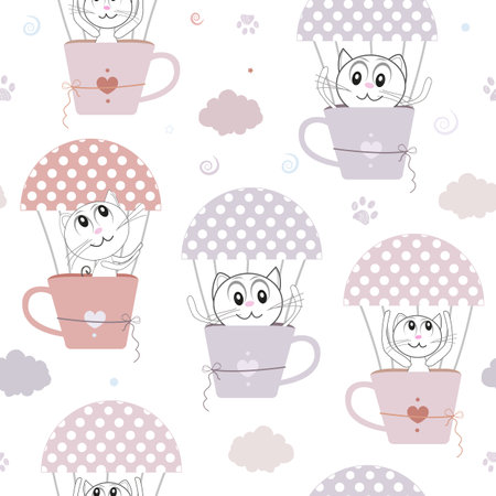 Cute cats with hot air balloon seamless fabric design patternのイラスト素材
