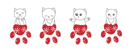 Cute cats with paw prints made of snowflakes red christmas banner design illustrationのイラスト素材