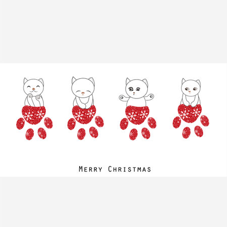 Cute cats with paw prints made of snowflakes red christmas design greeting cardのイラスト素材