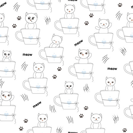 Cute cats with coffee cups seamless fabric design patternのイラスト素材