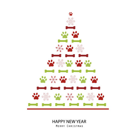 Pine tree made of paw prints. Christmas Happy new year design paw prints and snowflakes background greeting cardのイラスト素材