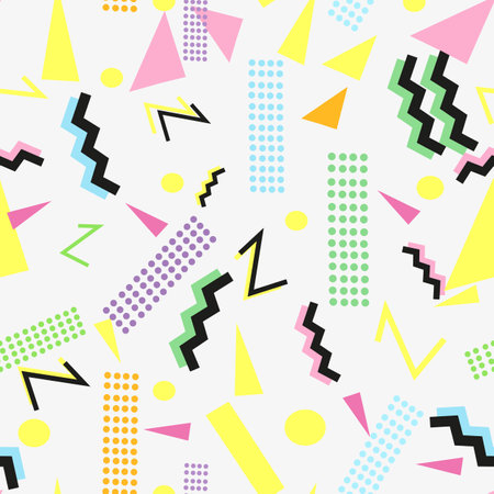 90's background with geometric colorful shapes. Seamless fabric design pattern. Vector illustrationのイラスト素材