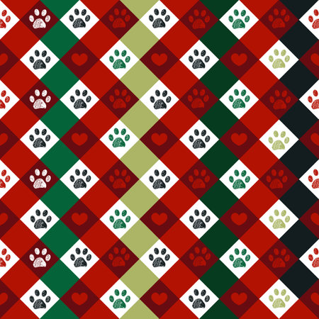 Christmas plaid pattern with paw printのイラスト素材