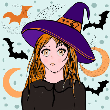 Anime girl Halloween with moon and bats illustrationのイラスト素材