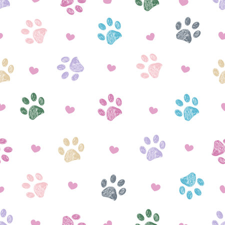 Pastel paw and hearts. Seamless fabric design pet lover patternのイラスト素材