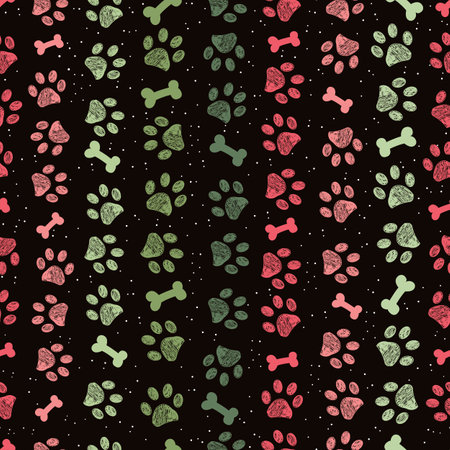 Cute paw prints with bones Christmas design with snow. Seamless fabric design patternのイラスト素材