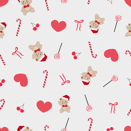 Teddy bear plaid hearts bow patternのイラスト素材