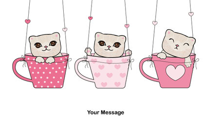 Valentines Day design cute kittens with hanging coffee cupsのイラスト素材