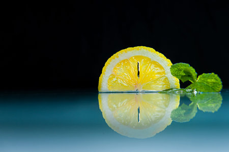 lemon and mint on a dark backgroundの写真素材
