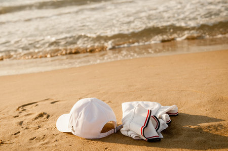 white clothes lying on the sand without peopleの写真素材