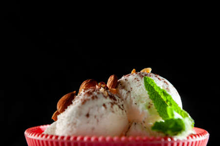 balls of ice cream white filling on a black background with mint and chocolate and cocoaの写真素材