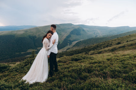 Beautiful bride and groom at the mountains