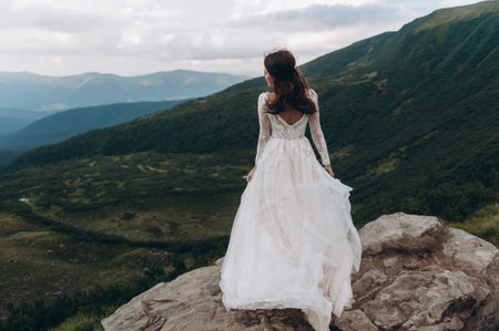 the bride stands on a rock in the mountains. Wind develops white bride dressの写真素材