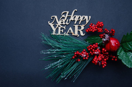 New Years background. Inscription with the new year on a gray background together with Christmas toys and accessoriesの写真素材