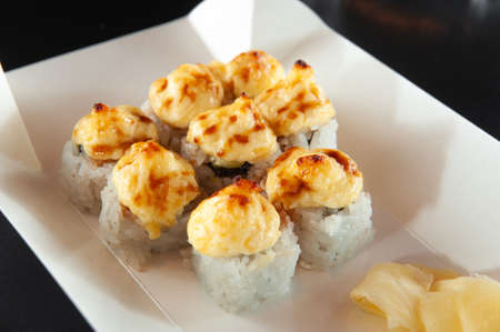 Fast sushi delivery. Hot sushi in a white boxの写真素材