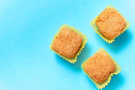 Japanese rice dessert on a blue background. Asian mochi dessertの写真素材